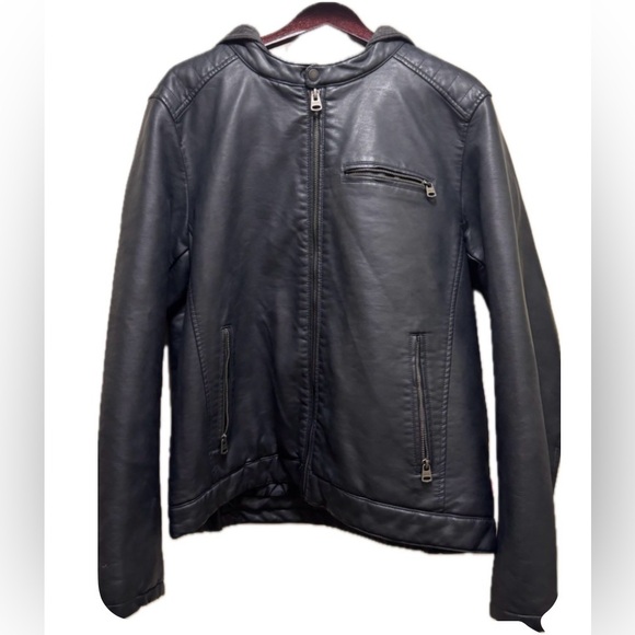 Men's Blue Faux Leather Jacket with Hood - Picture 5 of 12